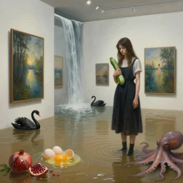 realistic painting of a flooded modern art gallery and a tall emo girl, holding a courgette, paintings on walls, floodwaters with raw eggs, pomegranates, black swans, waterfall from the wall, octopus, puddles, zen, surrealist, by magritte and kawase and monet