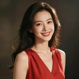 photo portrait of a smiling pretty woman in a red sleeveless dress, out of focus, blurry