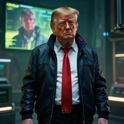 donald trump in cyberpunk 2 0 7 7 as an evil corporation leader, technological, movie footage, high - tech, still frame