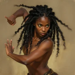 portrait of combat dancer, female, black skin, beautiful, green eyes, dreadlock black hair, high fantasy, arabian nights inspired, smooth, sharp focus, digital painting, by artgerm and greg rutkowski and alphonse mucha
