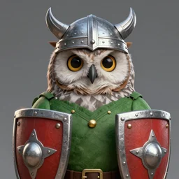 An award winning cartoon of a highly detailed, realistic anthropomorphic owl wearing a viking helmet, shield, and green shirt. Character commission. Artstation.