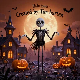 “Halloween town created by Tim burton spooky dark orange tones fantasy”