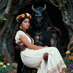 the image is a lost film still 1 9 9 0 s in this image, hades, the dark and mysterious lord of the underworld, is holding his beautiful wife persephone in his arms. persephone, the daughter of demeter, is an indigenous american woman with long dark hair and brown eyes. she is wearing a white dress and a colorful crown. the two of them are standing in front of a dark cave, surrounded by trees and flowers. vibrant cinematography, anamorphic lenses, crisp, detailed image in 4 k resolution.