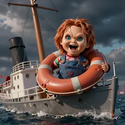 photo of screaming chucky doll stealing life raft from sinking ship