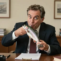 a middle aged funny lawyer, eating a trout, hyperrealistic, 4k, unreal engine