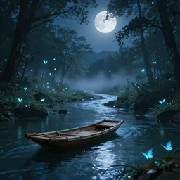 A fantasy forest river, dreamy digital art, a small bamboo boat in the river, moonlit night dreamy atmosphere, bioluminiscent butterflies in the fog in a bokeh background, deep colors, photorealistic speed art, artstation, 8K