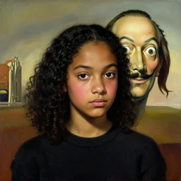 a shy dark skinned brazilian girl blushing, black curly hair, wearing a dark sweater, painting by salvador dali, surrealism