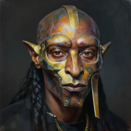 beautiful lifelike painting of mf doom as king ghidora, hyperreal detailed facial features and uv lighting, art by ed roth and basil wolverton