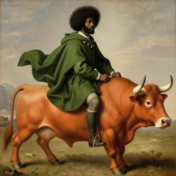 black man with afro hair wearing an army green cloak, ( ( ( riding an orange bull ) ) ), renaissance style painting, stunning detail and accuracy