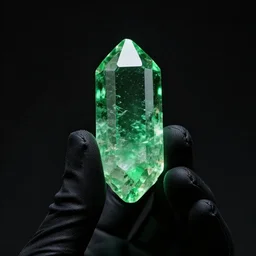 a glowing green crystal shard of kryptonite held between the fingers of a black - gloved hand, black background