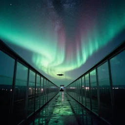 Film still of a clear tube corridor, going through the skies, aurora, milky way, nebula, spaceship, wet, reflections, wide-angle lens, Cinestill colour cinematography, anamorphic