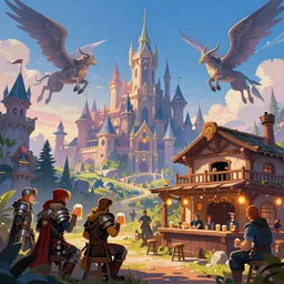 Fantasy wonderland of the mages oustide of tavern drinking beer, warriors, knights, valkyries, fantasy art, flying giant animals, a tavern, Vibrant colors, Smooth gradients, digital art, trending on artstation, detailed