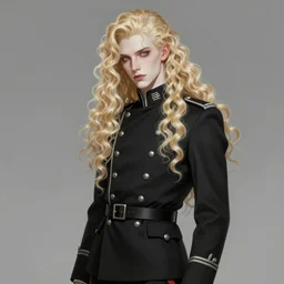 beautiful slim cruel androgynous Lucius in black military uniform with pale blond curly long hair, very very long luxurious fluffy blond curls of hair, porcelain pale skin, elegant, 2d, ultra highly detailed, digital painting, smooth, sharp focus, artstation, trending on artstation, art by Ilya Kuvshinov