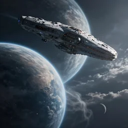 a planet coming to its doom as a massive spaceship comes down from the sky, fantasy
