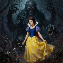 snow white, cthulhu, oil painting, darkness, paint texture, digital painting, highly detailed, artstation, sharp focus, illustration, concept art, ruan jia, charlie bowater, tom bagshaw, norman rockwell
