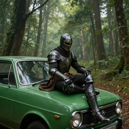 knight sits on hood of a green car, elegant scene, indian forest, wide angle, cinematic, ultrarealistic, trending on artstation, cgsociety, highly detailed, color graded, rendered in unreal engine 4 k hq, matte painting, by simon stalenhag, horizon forbidden west