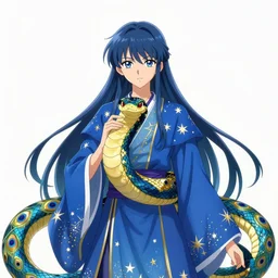 anime cover of a rich ethereal colorful blue hybrid of a peacock and snake person, accented in bright metallic gold, wearing star filled mage robes and excessive amounts of golden jewelry and gems, art by yuji ikehata and satoshi kon, background art by miyazaki, realism, proper human male proportions, fully clothed, vhs