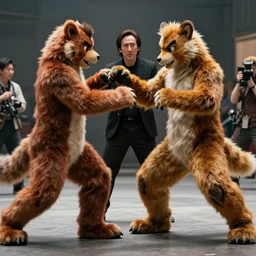 nicolas cage beating up furry cosplayers, 4 k, octane render, choreographed fight scene, composition, shot by director park chan - wook