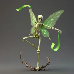 the skeleton of a fairy is ribbon dancing on a thorny vine. the ribbon is neon green, detailed, by frank frazetta, simon bisley, brom, concept art, octane render, unreal engine 5, highly detailed, high quality, 8 k, soft lighting, realistic face, path traced