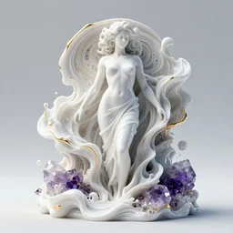 3 d pyro liquid simulation render, octane render, xparticles, white colors, female bodies, female body covered in white blanket, white carved abstract sculpture, amethyst mineral quartz, swirly curls, abstract white fluid, golden edges and fractals, cold colors, artstation, render, cinema 4 d, art noveau fresco