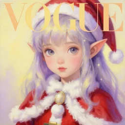 little elf girl, santa claus suit, soft hair. light color palate, purple, yellow and white. detailed soft painting, ayami kojima, made in abyss, anatomically correct, ilya kuvshinov, inspired in balthus, high detailed face anime, vogue magazine, glorious composition, mobile wallpaper