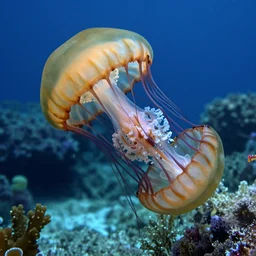 underwater photograph of a jellyfish eating a human head with its tentacles, shallow waters, strange, hyper detailed, mutant, tendrils, tentacles, tropical reef