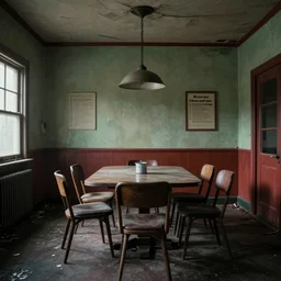 photograph of the dining room of an abandoned chuckie cheese by wes anderson, creepy