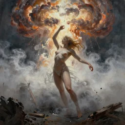One Thousand Years Of Longing,illustration, chaotic, sexy, Eros, a nuclear explosion background,mist, volumetric lighting, soft lighting, soft details, painting oil on canvas by Edmund Blair Leighton and Charlie Bowater octane render, HDR, trending on artstation, 4k, 8k, HD