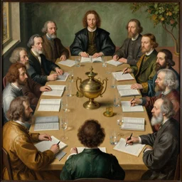 a renaissance painting of a psychedelic conference of scientists / professors / researchers in modern clothing, high detail
