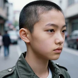ektachrome, 3 5 mm, highly detailed : incredibly realistic, demure, perfect features, buzz cut, beautiful three point perspective extreme closeup 3 / 4 portrait photo in style of chiaroscuro style 1 9 8 0's flight suit cosplay rome seinen manga street photography vogue italia fashion edition