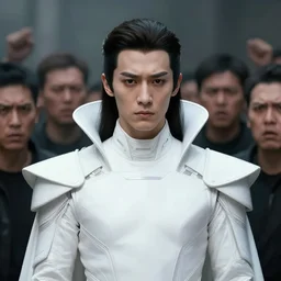 portrait of a regal prince in futuristic white clothes, high collar, sharp cheekbones, melancholic expression, surrounded by a crowd of angry people, matte painting, digital art