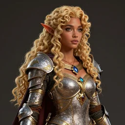 complex 3 d hyper realistic smooth ultra sharp render of a gorgeous princess elf paladin woman | tanned skin, curly blonde hair | d & d, medieval, fantasy | art by oh jinwook + 吵 集 仁 儿 on artstaion + takeshi obata + alphonse mucha