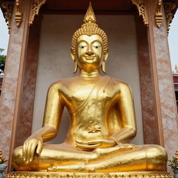 Donald Trump as a golden thai Buddha statue, in Buddhist temple, colourized, photo