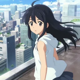 anime film visual of a long black haired girly boy with sleeveless hoodie sightseeing future urban city, standing on rooftop, cute face by ilya kuvshinov, makoto shinkai, kyoto animation, dynamic perspective and pose, detailed eyes, crisp and sharp cel shade