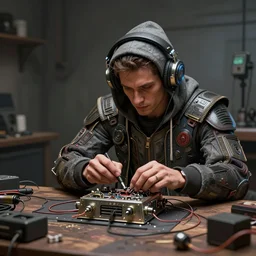 an intricate concept art illustration of a man wearing a hoodie with headset, repairing a machine on his table, style ivan talavera and artgerm, hyper realistic, photo - realistic, octane render, artstation, cgsociety, cinematic light