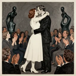 A beautiful art installation of a man and a woman in a passionate embrace. The woman is wearing a white dress and the man is wearing a black suit. They are surrounded by a crowd of people who are cheering and clapping. woodcut by Berndnaut Smilde, by Henry Moore, by Paul Gustav Fischer monumental