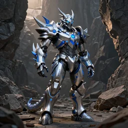 Biomechanical dragon power armor standing in a rock quarry, high contrast, magic hour photography, good value control, rule of thirds, centered, science fiction, silver and blue color schemes, rubber suit, glowing eyes, high quality, 4k, matte painting, very detailed, concept art, illustration, League of Legends Character Splash Art