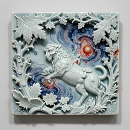 the war multiverse, highly detailed carving on southern ice porcelain, partially bloody crystallized, leaves, nebulas, woodfired, art gallery