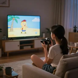 80's Professional Color Photography, Nikon, A girl watching cartoon in living room at night. Summer