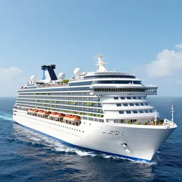 cruise ship with a vertical farm, in the ocean, hightechnology