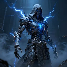 character design, biomechanical arcanist, tattered hood, blue lightning, blue mist, smoke, scary, photorealistic, cinematic, hyper realistic, octane render, 8 k, wide angle