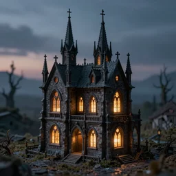 photorealistic octane render of a miniature gothic haunted house, dusk, lights on, tilt shift, dof, creepy