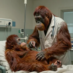 an epic illustration of an orangutan doctor in an er hospital room checking on a patient, in the style of algernon blackwood, highly detailed digital art, ornately detailed, muted color, photorealistic