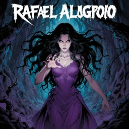 rafael albuquerque comic cover art, artgerm, joshua middleton, pretty stella maeve witch doing black magic, serious look, purple dress, symmetrical eyes, symmetrical face, long black hair, full body, twisted evil dark forest in the background, cool colors