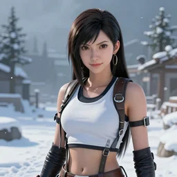 A comic book style portrait painting of a Tifa Lockheart in a winter landscape, unreal 5, DAZ, hyperrealistic, octane render, RPG portrait, ambient light, dynamic lighting