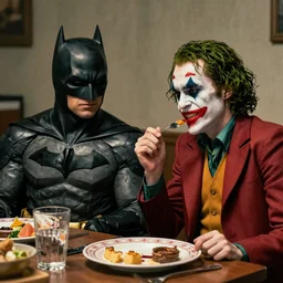 A still of Batman and The Joker having dinner together, 4k, ultra realistic, detailed