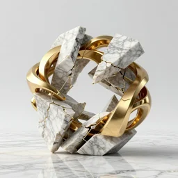 fractured hyper abstract sculpture made from marble, partly intertwined with complex golden broken ornaments , glossy reflective marble floor, no sky, hd, 4k, digital art, overdetailed art, concept art, trending on artstation