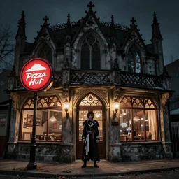 A photo of a gothic victorian Pizza Hut Restaurant at night lit by gaslight, a Bloodborne character is standing outside, apocalyptic