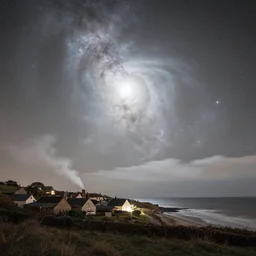 a beautiful double exposure of the astronomy picture of the day, nebula, with a rural seaside village landscape at night, soft white light, muted, neutral light, light blue tones, chimney smoke, long exposure clouds, unreal engine