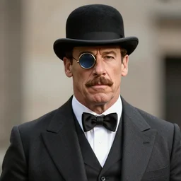 John Cena in the 1800s wearing a suit, a bowler, and a monocle, with mutton chops and a mustache